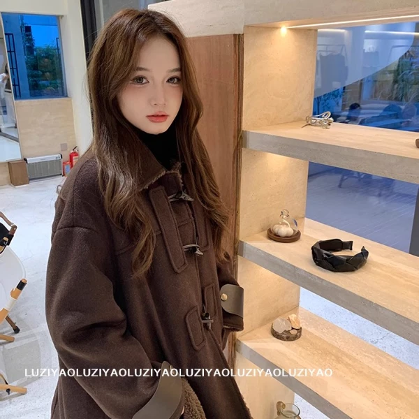 鹿子瑶lin娜lian同款可可棕两面穿牛角扣毛呢大衣厚外套