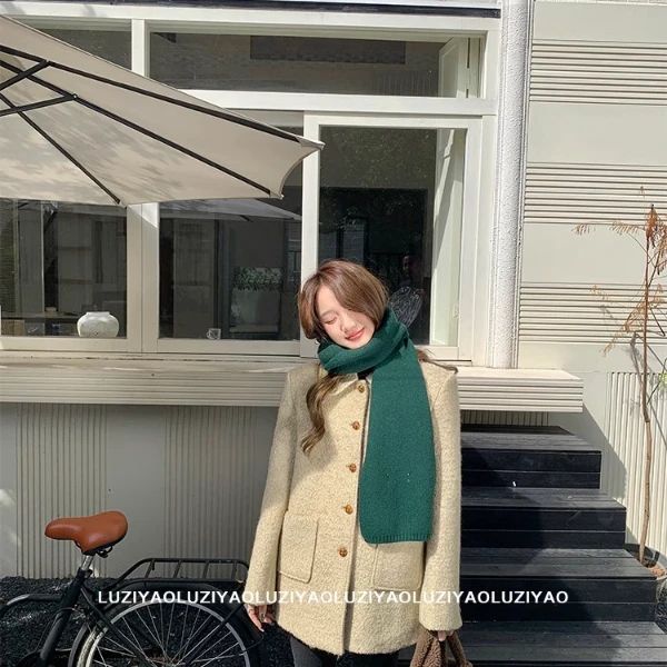 鹿子瑶2024冬季新款夹棉保暖休闲淡绿色毛呢中长款外套女