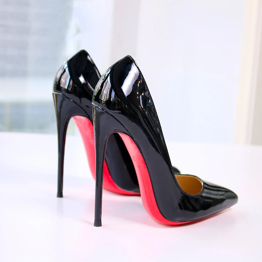 法式尖头红底鞋细跟超浅口高跟欧美风黑色漆皮性感气质CD大码12CM