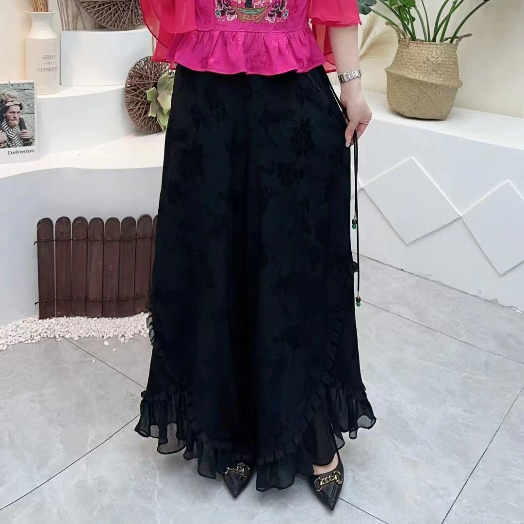 新中式夏季女装裤子时尚休闲百搭阔腿提花