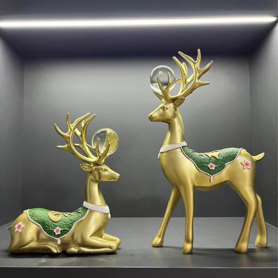 新中式金色电视柜创意酒柜福鹿对鹿树脂高档梅花鹿麋鹿装饰摆件