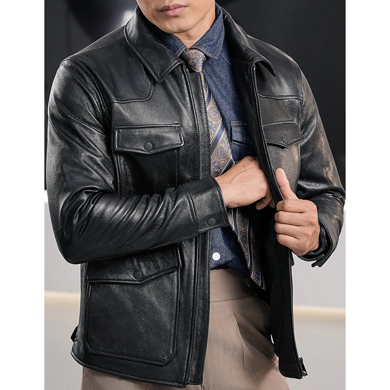 头层山羊皮 夹克9820 男士春秋短款休闲修身翻领红雷同款