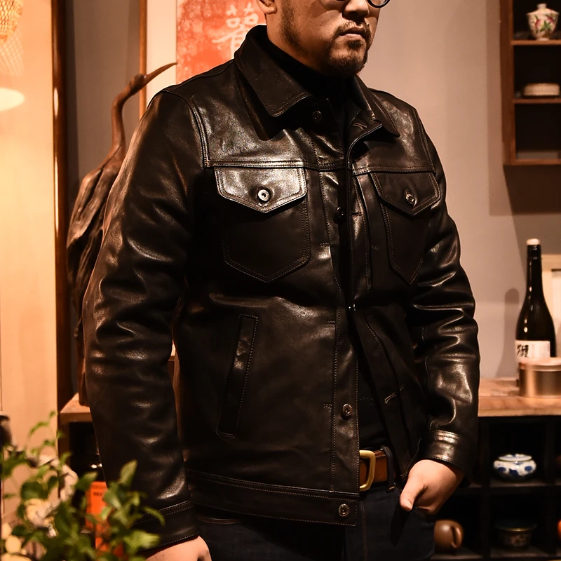 头层山羊皮 318男士春秋时尚休闲复古翻领秋冬修身帅气