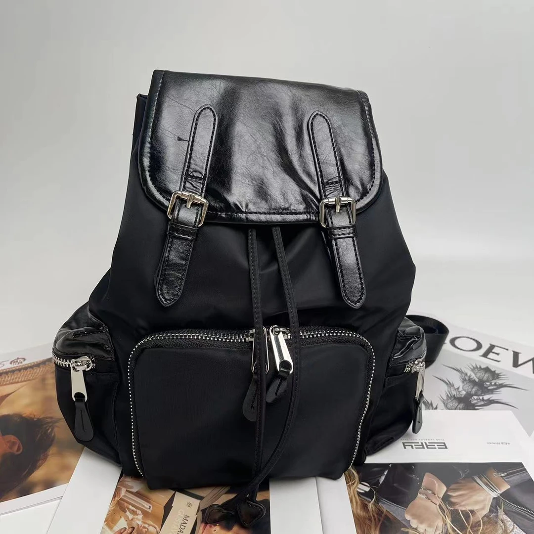 2025新款尼龙布百搭抽绳包盖大容量洋气质感旅游背包单肩双肩包包