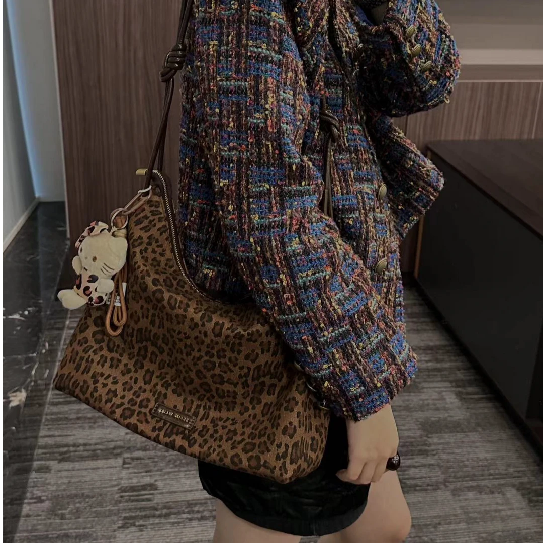 2025春季新品时尚慵懒百搭大容量高级豹纹托特包单肩包挂件女包