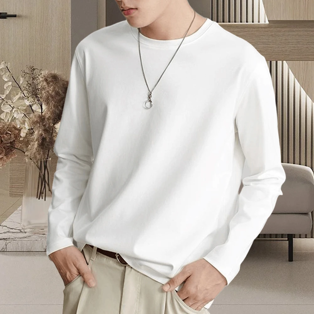 【铂梵蔻】秋冬新款男士纯棉长袖T恤简约搭纯色休闲宽松打底衫
