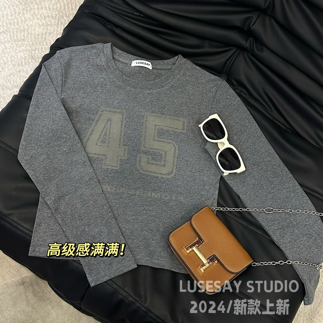 LUSESAY 高级感双面印花 2024秋冬季新款显瘦百搭长袖T恤女上衣