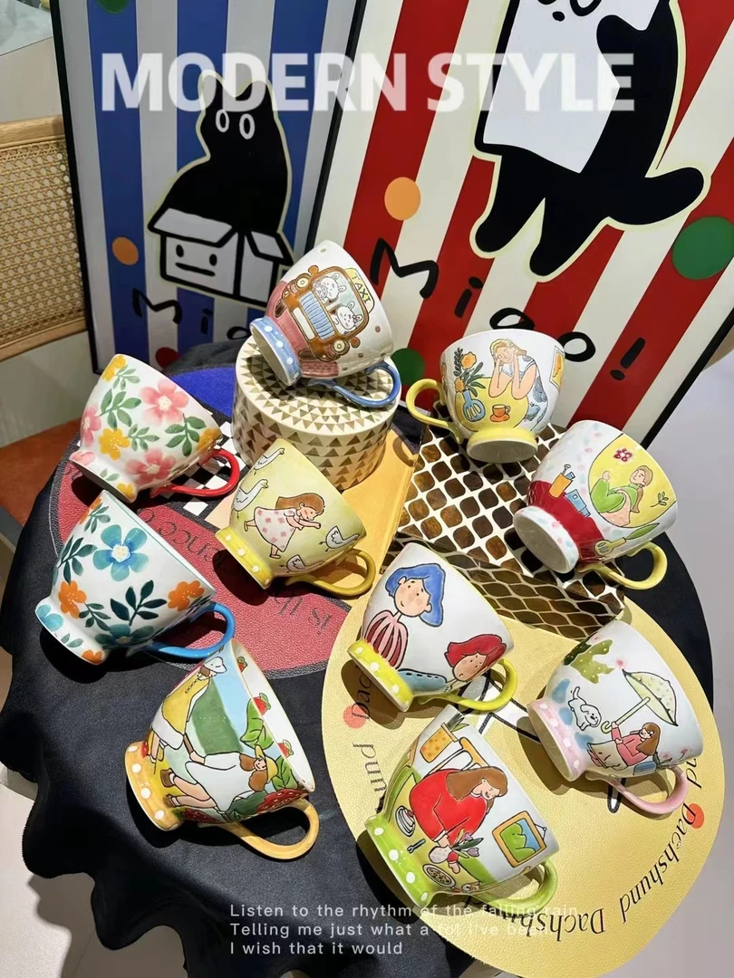 美橙家*早餐杯燕麦杯出口手绘浮雕水杯瓷片