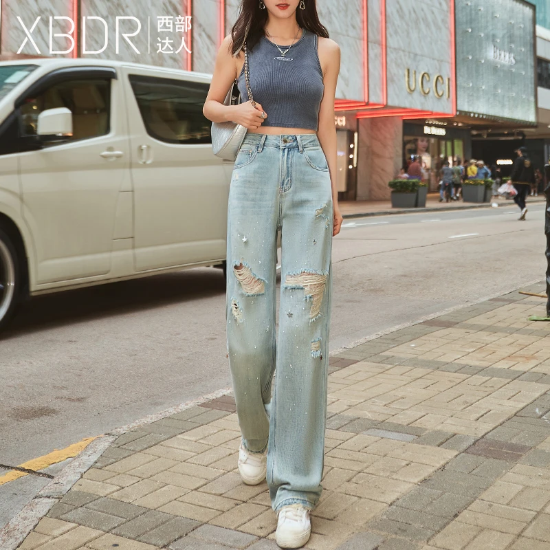浅蓝色高腰破洞阔腿牛仔裤女直筒宽松垂感2025年秋季新款带钻长裤
