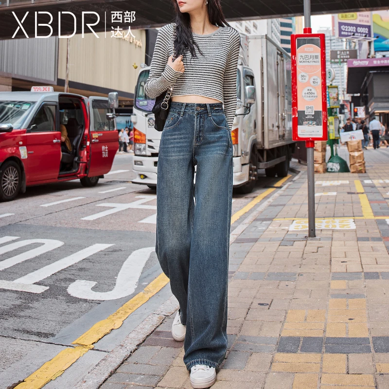 复古蓝港风直筒牛仔裤女宽松阔腿显瘦2025年春季穿搭百搭高腰拖地