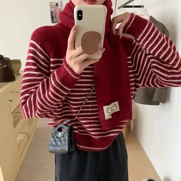 2024秋冬新款韩系圆领条纹撞色带围巾针织宽松显瘦毛衣SC0066HH