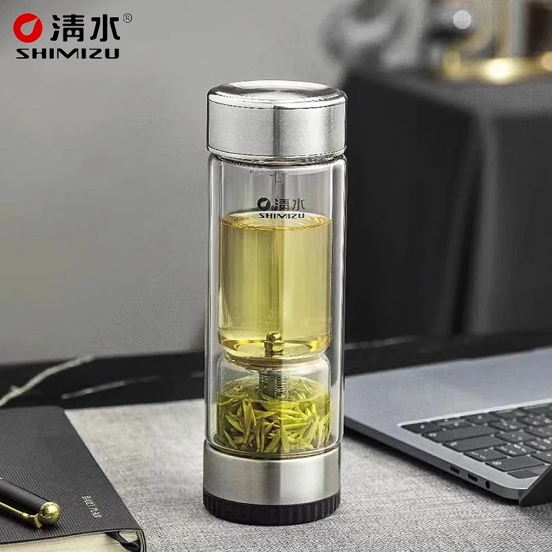 清水SM8622高档茶水分离杯双层玻璃杯家用大容量泡茶过滤杯送礼杯