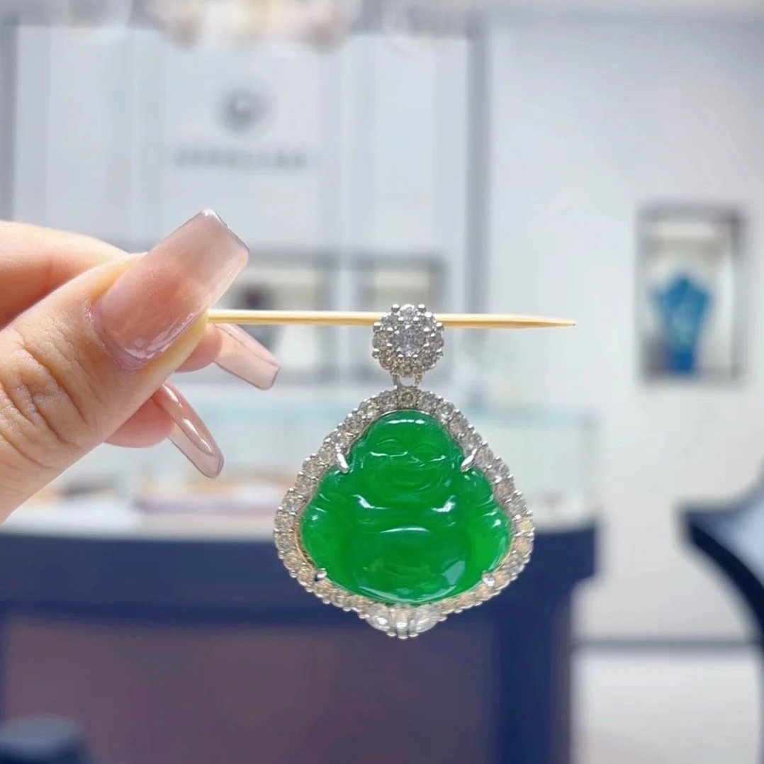 翡翠佛公吊坠14k金A06