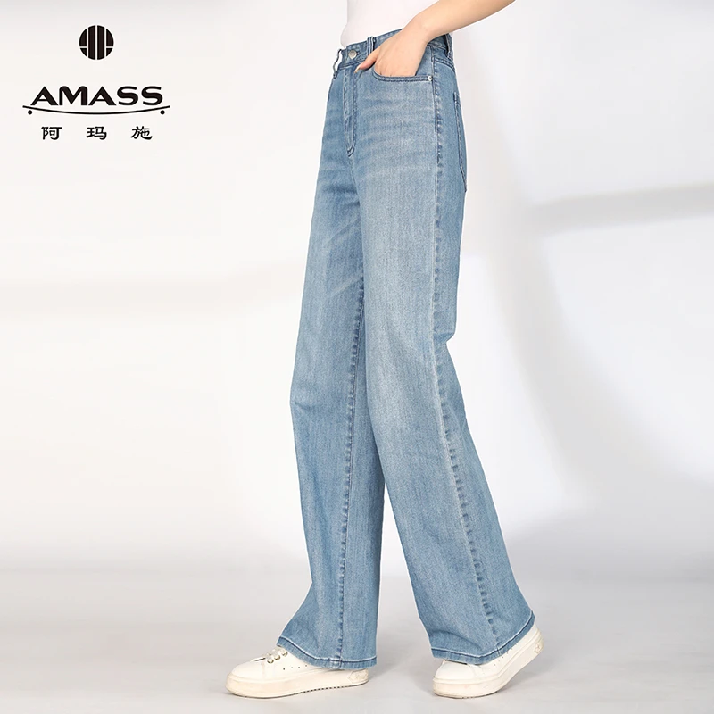 阿玛施AMASS新款春季宽松高腰休闲直筒修身显瘦阔腿牛仔裤5100388