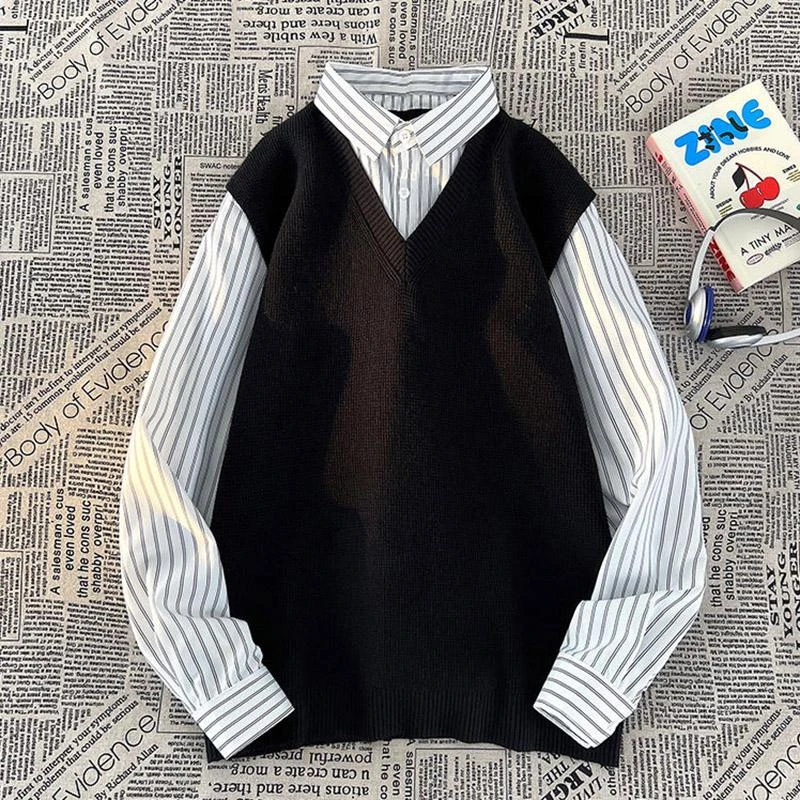 条纹长袖衬衫男叠穿毛衣马甲两件套内搭打底痞帅设计感高级假两件