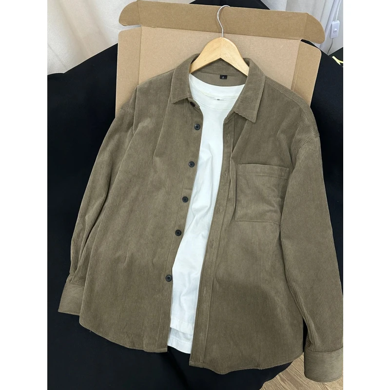 港风灯芯绒工装长袖衬衫男秋冬季厚款宽松青少年潮流休闲衬衣外套