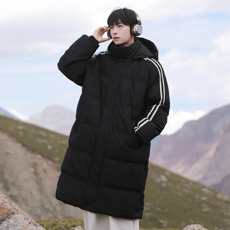 HM棉衣男中长款棉服过膝加厚保暖棉袄条纹百搭韩版宽松连帽外套