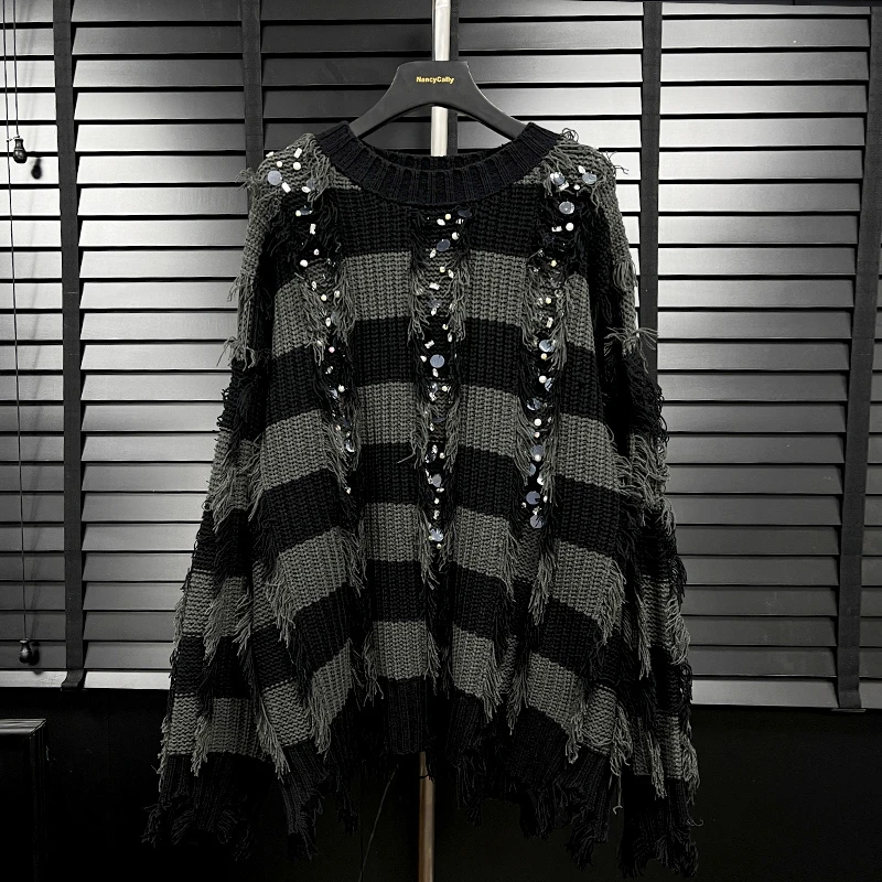 【YY甄选】重工定制黑色亮片气质长袖时尚不规则轻奢毛衣YY  1179