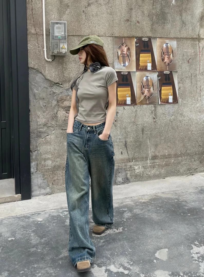 秋季高腰直筒牛仔裤复古宽松显瘦百搭款时尚工装款秋冬款韩版