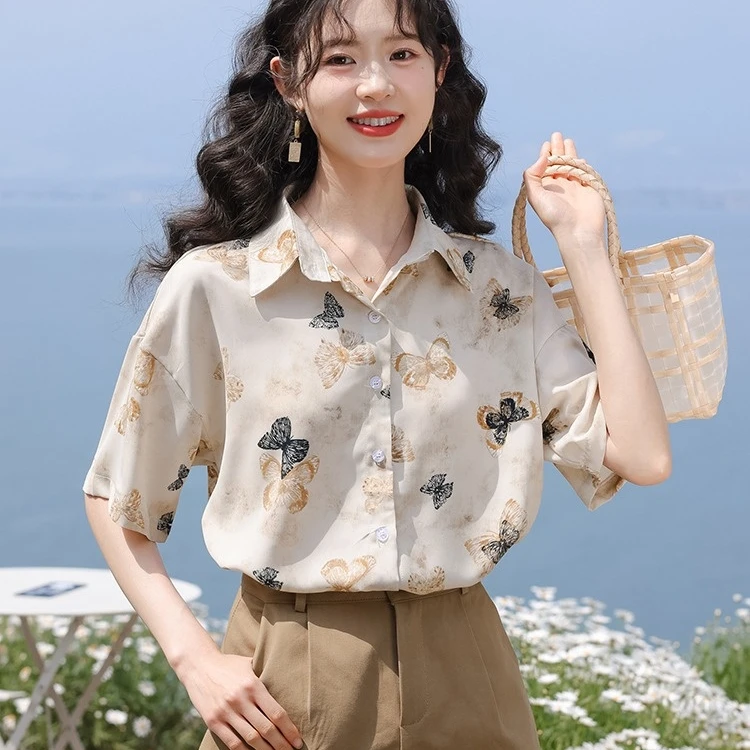 蝴蝶复古短袖夏季衬衫衬衣薄款法式气质小众百搭印花港风洋气上衣