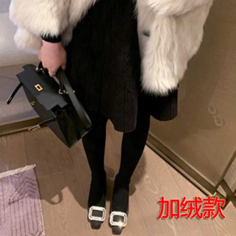 单鞋女2023中跟方头水钻绸缎方扣粗跟~加绒款~