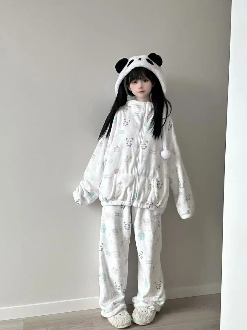 新款可爱布丁熊猫冬季保暖睡衣少女学生加厚珊瑚绒家居服拉链套装