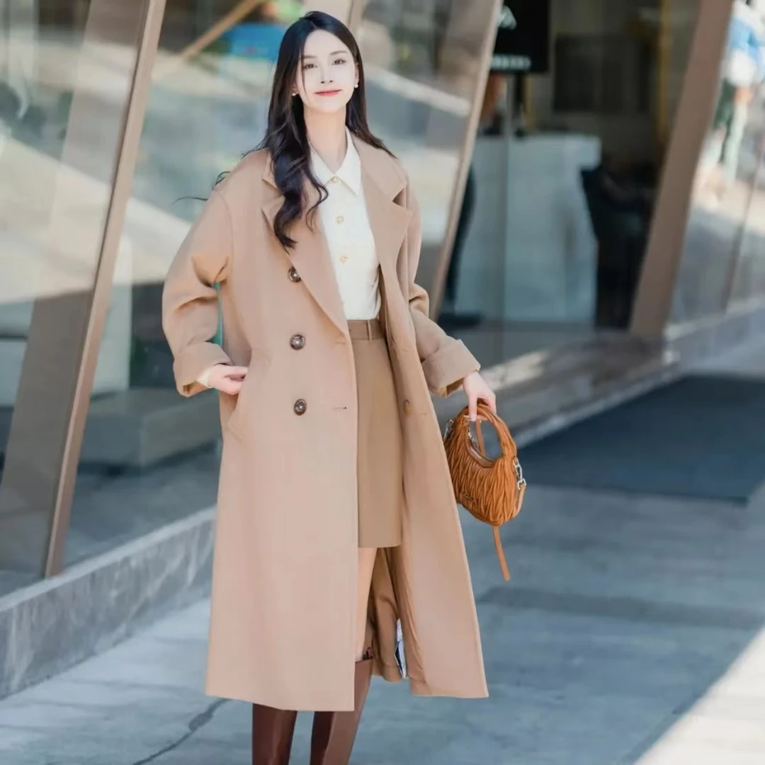 【哥弟】雅丹老钱风冬季穿搭气质畅款双排扣毛呢大衣外套女1400775