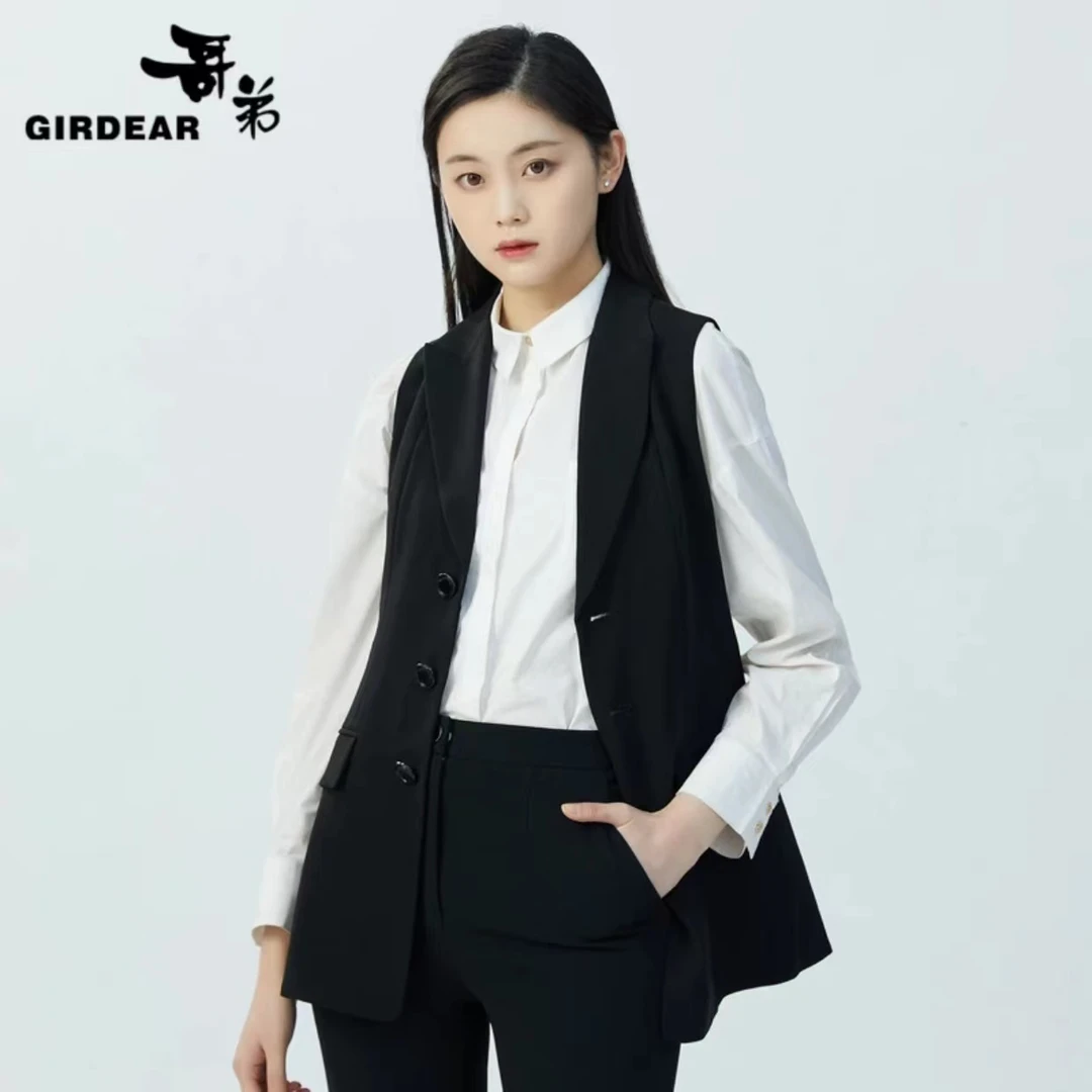 【哥弟】新款通勤V领无袖单排扣收腰修身显瘦纯色外搭马甲1400590