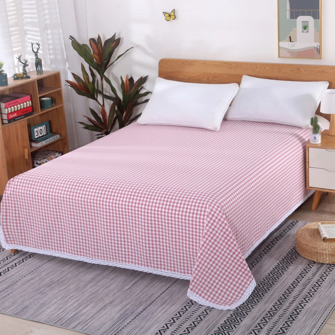 老粗布【花边床单单件】<浅粉小格>250X250cm<±5cm>  亲肤  舒适