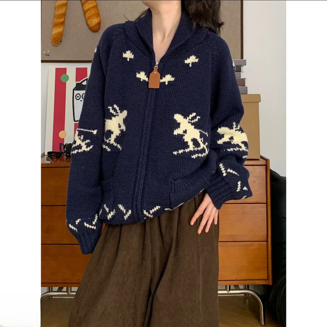 韩系网感复古滑雪提花加厚毛衣秋冬新款宽松百搭拉链针织开衫外套