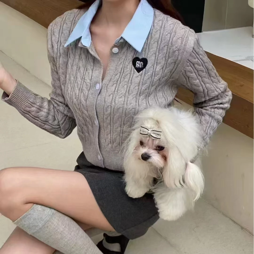 韩系新款字母假两件Polo领针织衫外套女秋冬修身显瘦开衫短款上衣