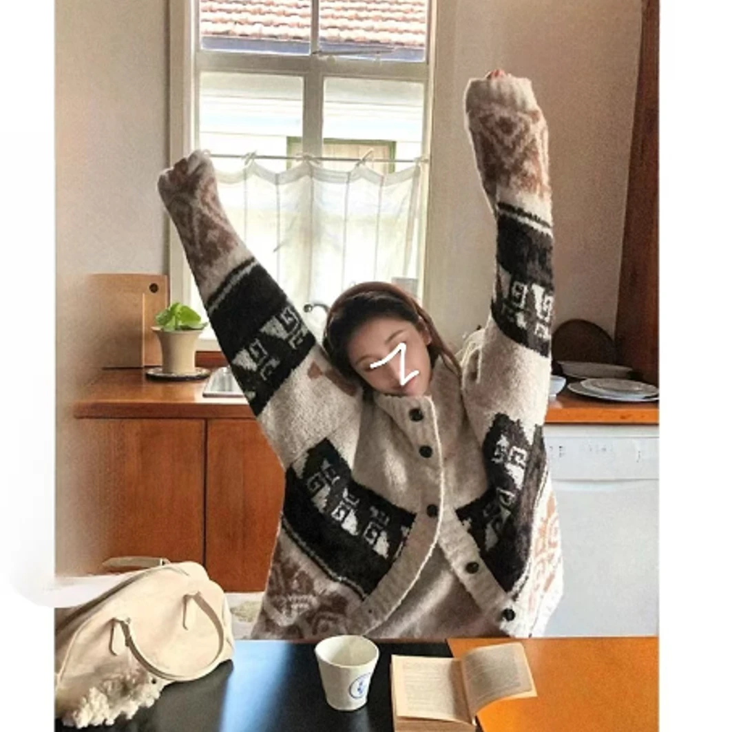 费尔岛提花柔软蓬松撞色气质高级感循环纹理针织开衫秋冬毛衣外套