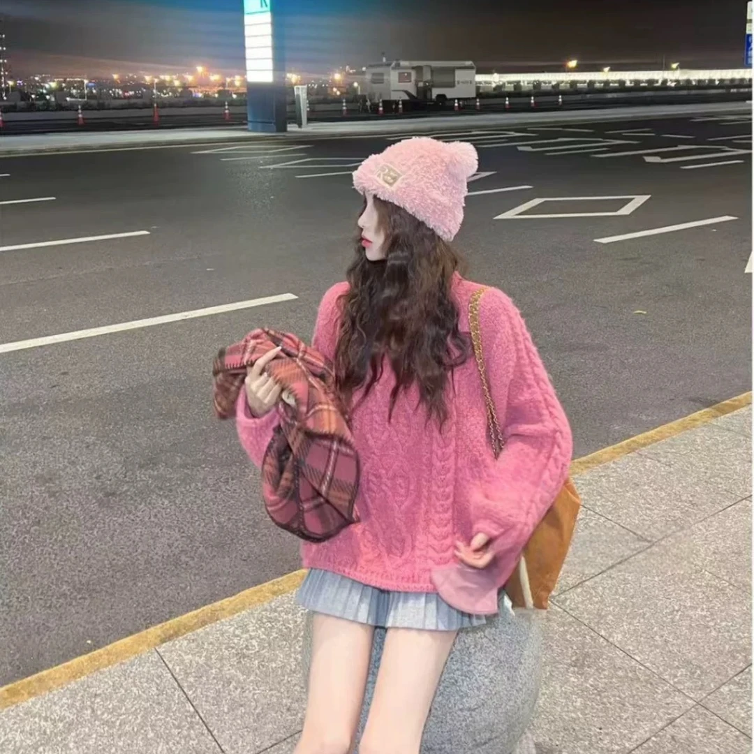 慵懒风糖果色高级感针织衫毛衣2024新款冬季加厚麻花软糯上衣女