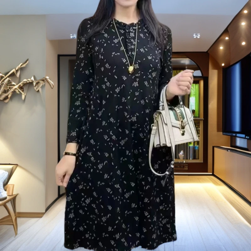 秋冬款碎花木耳领提花工艺连衣裙