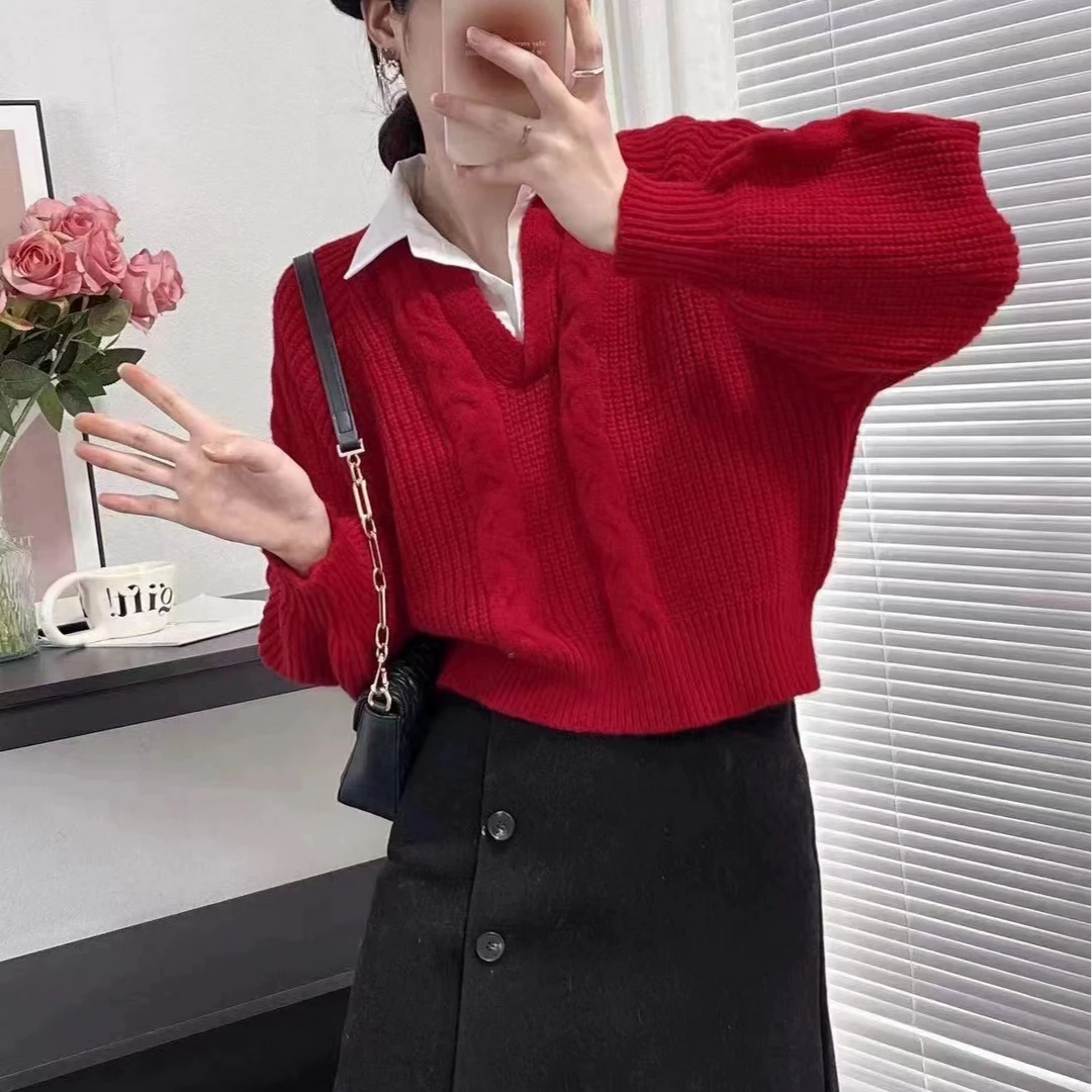 1366秋冬小众毛衣针织衫女假两件polo感小众秋冬季打底宽松上衣