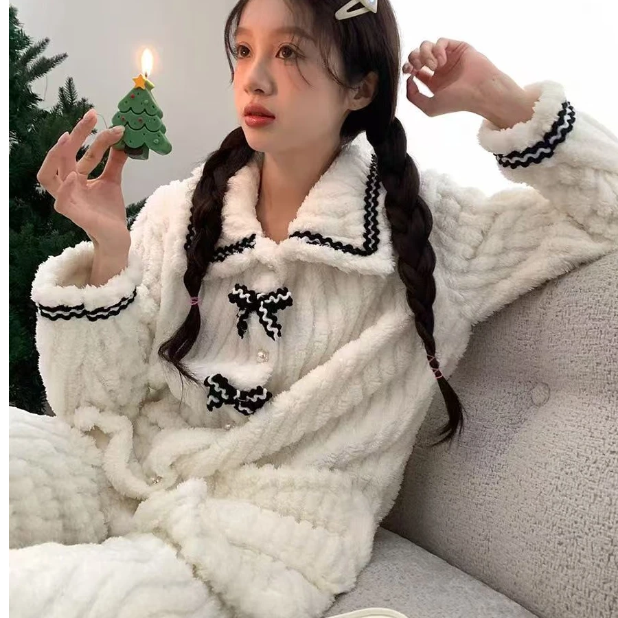 秋冬加厚翻领蝴蝶结两件套家居服加厚套装