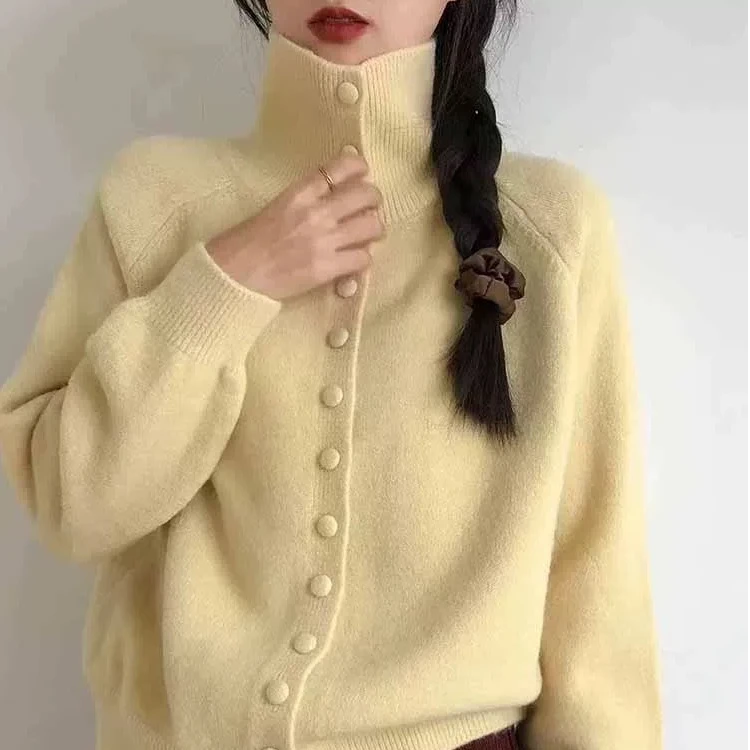 温柔风高领单排扣软糯毛衣开衫女秋冬韩系ins风开衫1689