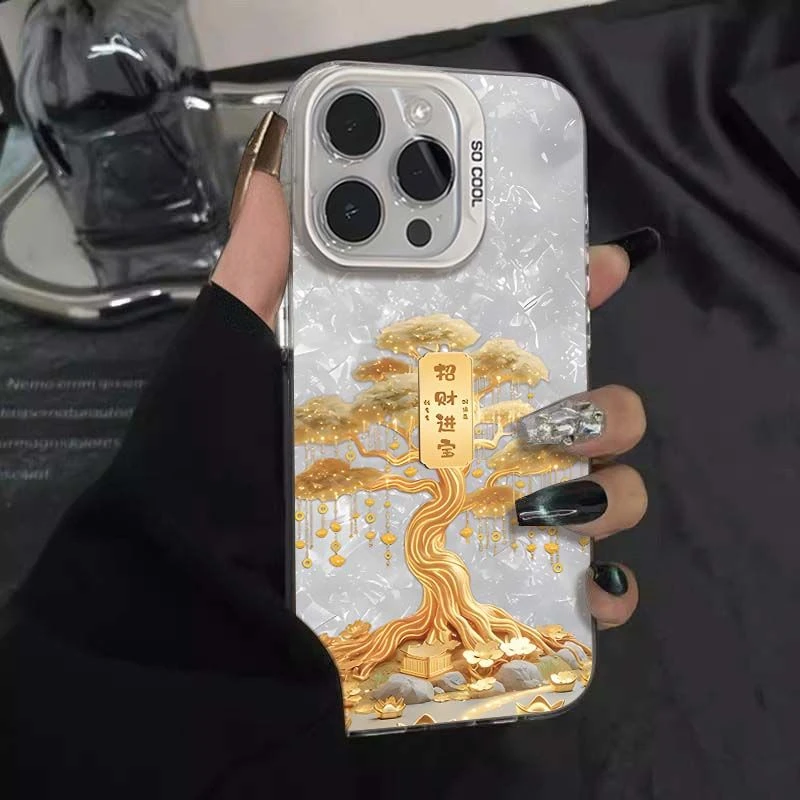 招财金钱树适用苹果16promax手机壳iPhone15防摔14P简约13/8P彩银