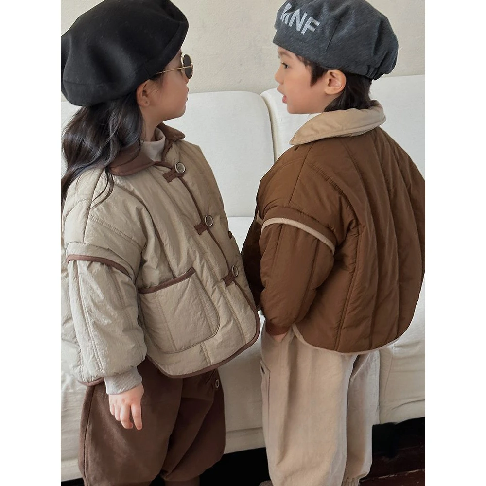 韩版儿童撞色拼接棉服2024冬装新款男童女童