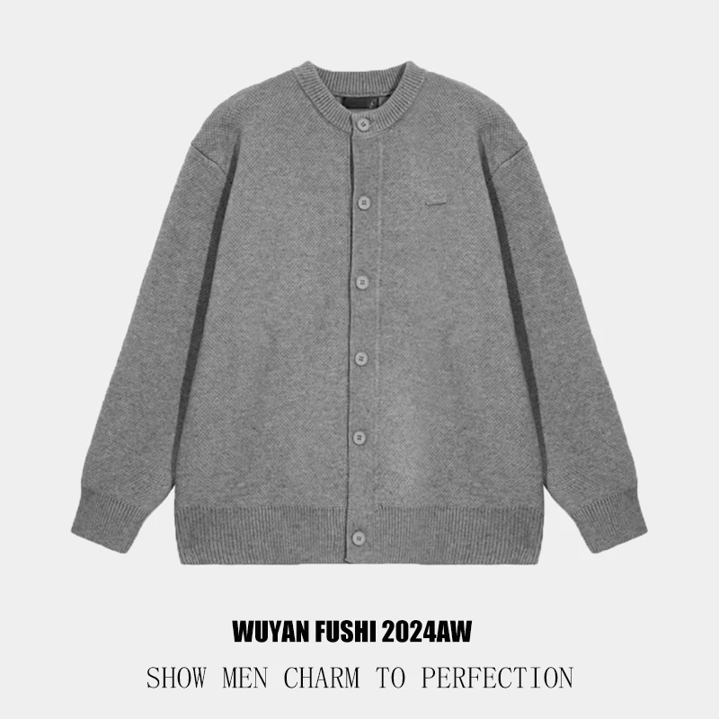 【小吴言】早春男士新款复古圆领情侣款纯色简约重磅毛衣外套