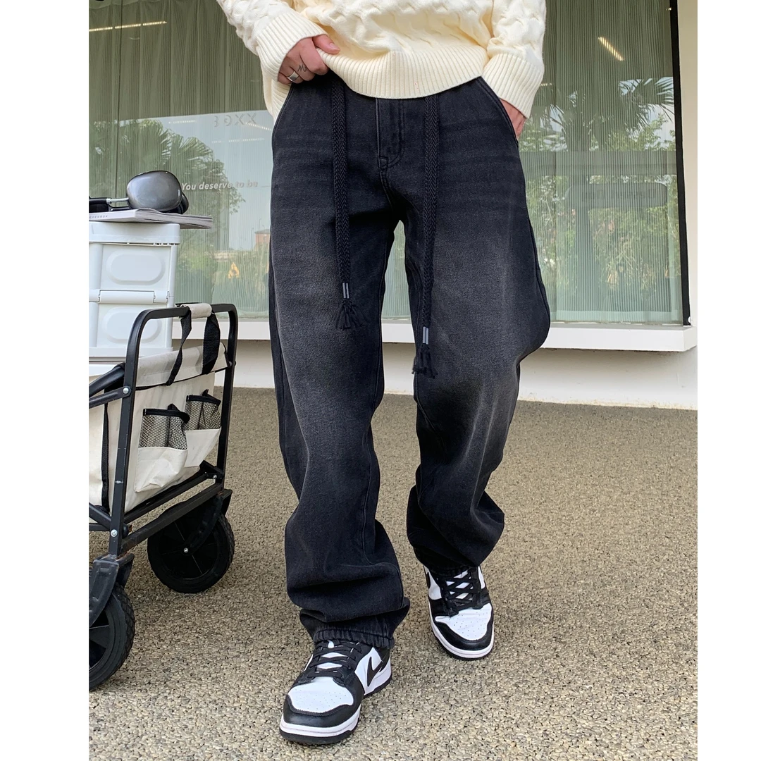 2023秋冬男士美式牛仔裤直筒复古高街宽松水洗百搭加绒牛仔裤