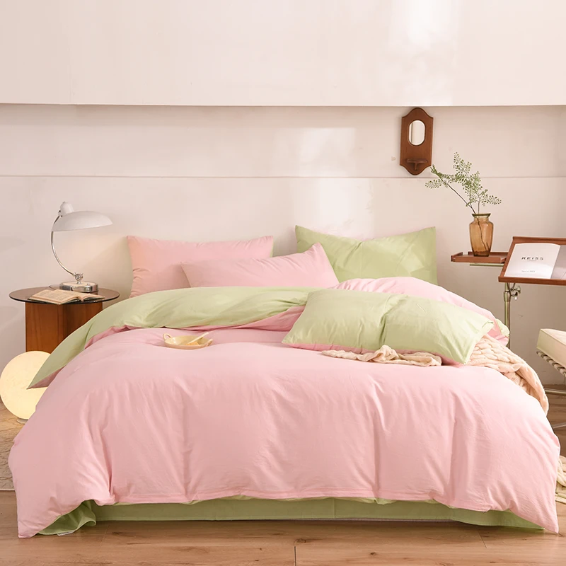 全棉色织水洗棉四件套简约双拼纯色单被套宿舍A类亲肤纯棉三件套