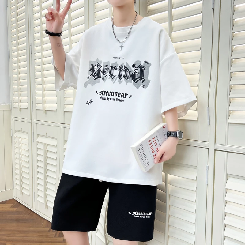 夏季新款冰感短袖T恤撞色印花潮流宽松港风运动短裤男套装两件套