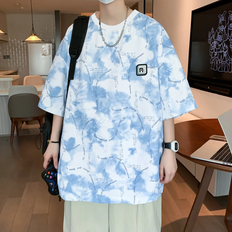 青少年夏季新款宽松百搭t恤上衣休闲情侣潮流半袖小众印花五分袖