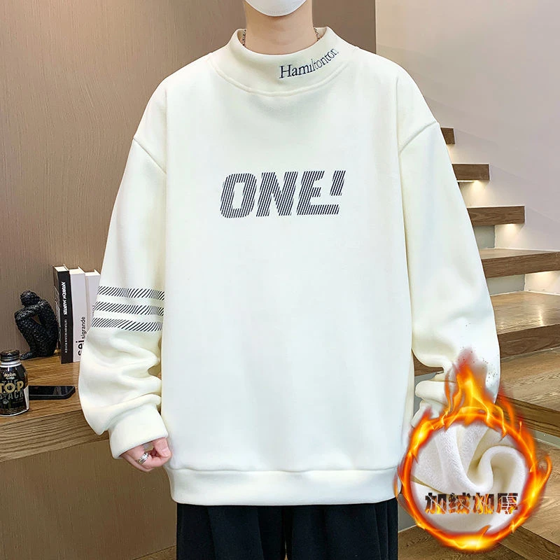 秋冬款奥粒绒半高领加绒加厚卫衣青少年休闲潮流宽松套头百搭上衣