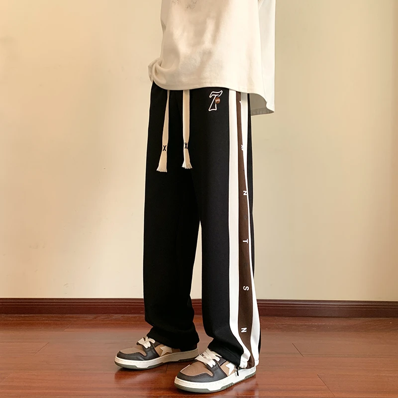 重磅黑色卫裤男宽松直筒侧条纹垂感休闲裤青少年运动长裤