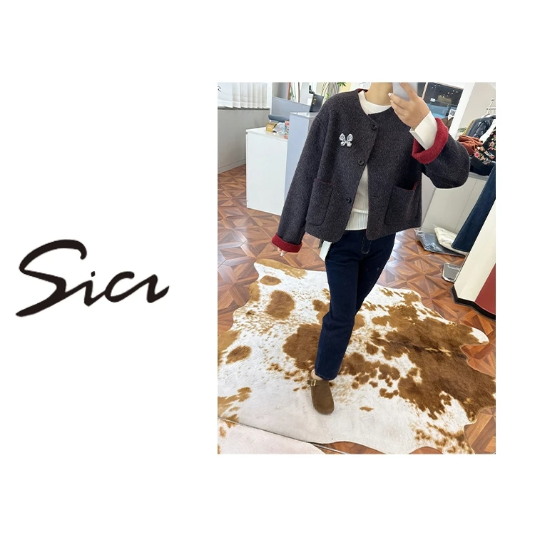 【Sici设计师女装集合店】拼色短款双面羊绒大衣