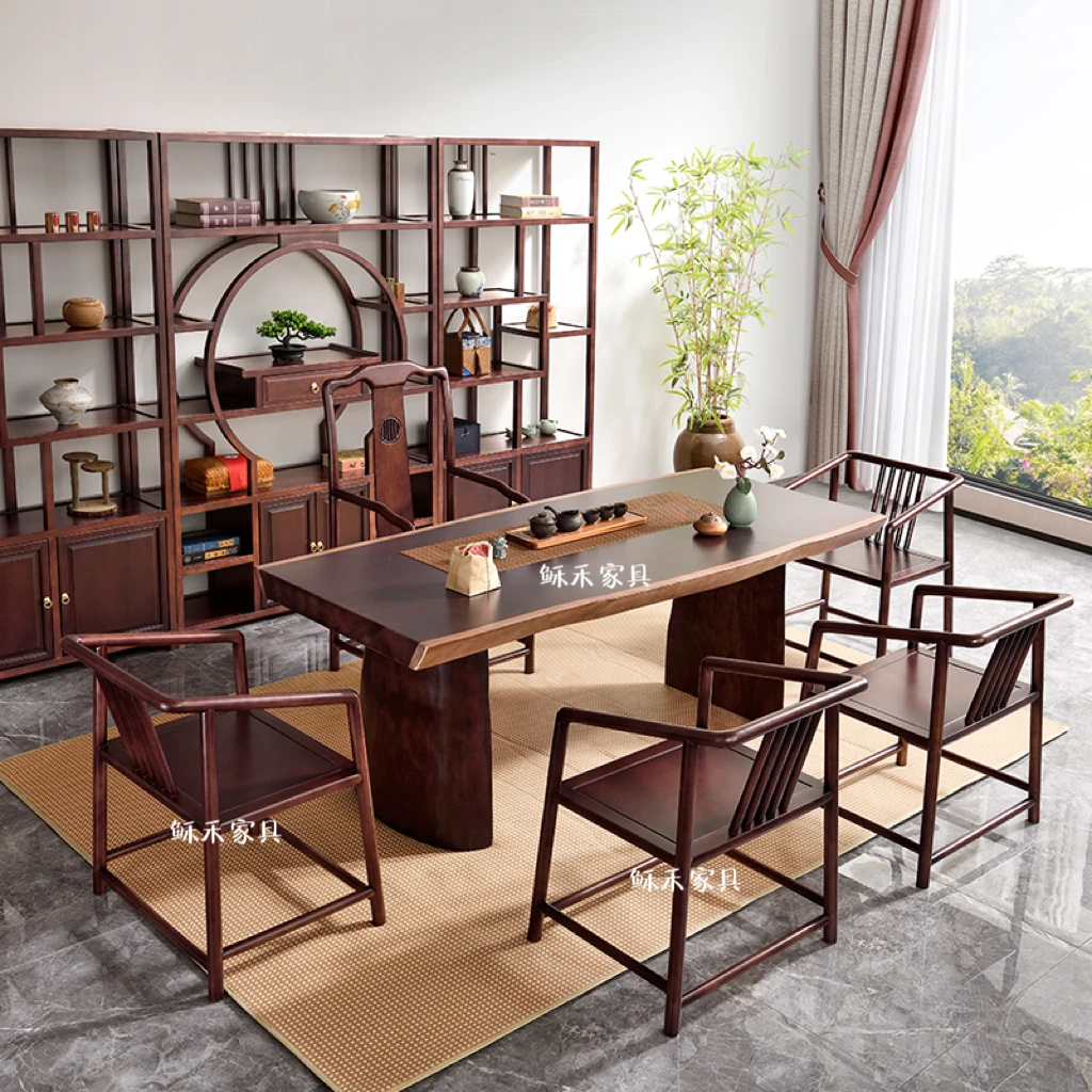 整木直切全实木花旗木大板茶桌椅组合办公室茶几大厅会客阳台套装