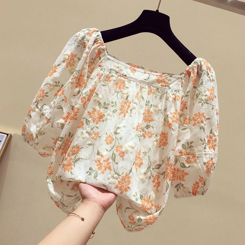 胖妹妹显瘦法式方领设计感T恤女夏小清新减龄碎花时尚锁骨上衣