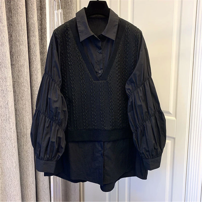 舒适感春秋新款设计感小众衬衣针织拼接假两件轻熟风衬衫上衣女潮